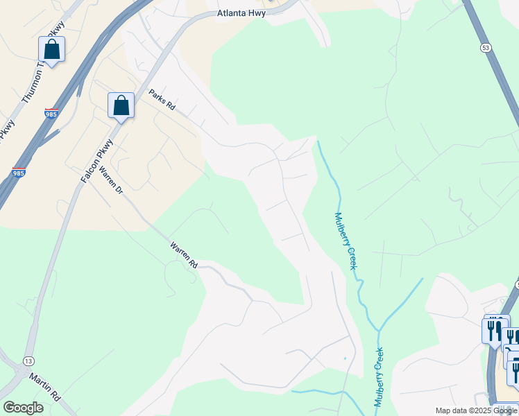 map of restaurants, bars, coffee shops, grocery stores, and more near 4056 Boulder Place in Flowery Branch