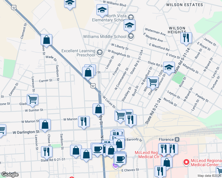 map of restaurants, bars, coffee shops, grocery stores, and more near 601 State Road S-21-351 in Florence