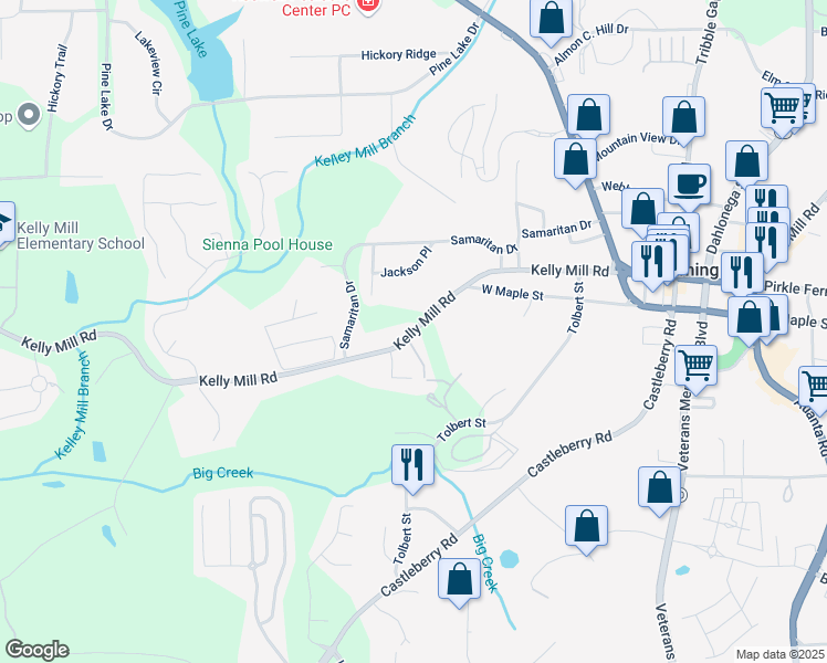 map of restaurants, bars, coffee shops, grocery stores, and more near Kelly Mill Road in Cumming
