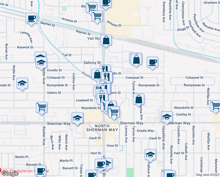 map of restaurants, bars, coffee shops, grocery stores, and more near 7446 Sylmar Avenue in Los Angeles