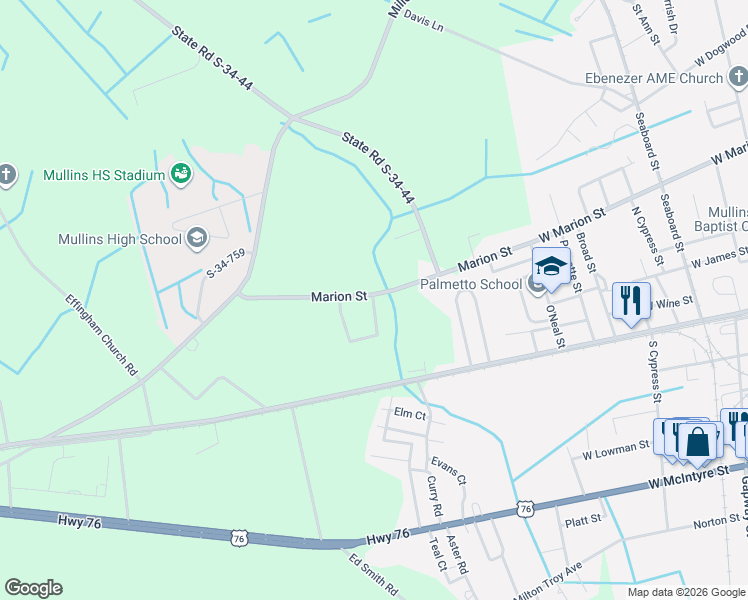 map of restaurants, bars, coffee shops, grocery stores, and more near 4215 Poole Loop in Mullins