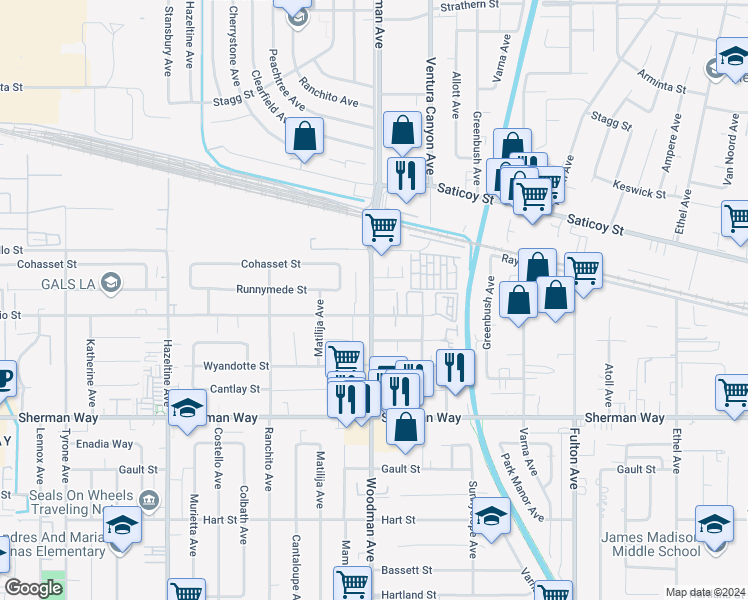 map of restaurants, bars, coffee shops, grocery stores, and more near 13565 Valerio Street in Los Angeles