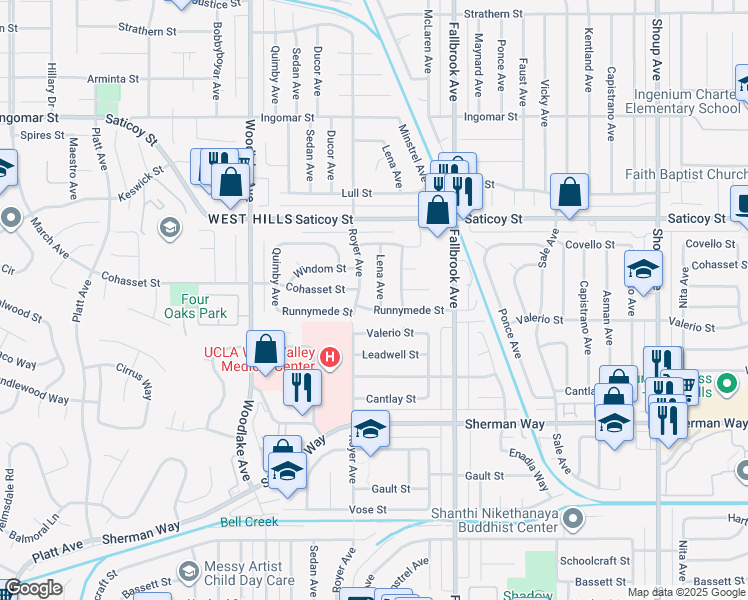 map of restaurants, bars, coffee shops, grocery stores, and more near 7435 Lena Avenue in Los Angeles