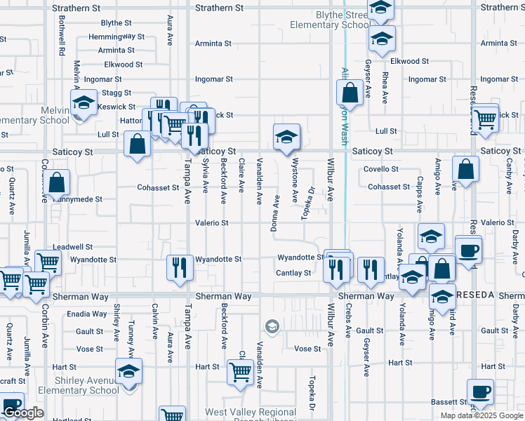 map of restaurants, bars, coffee shops, grocery stores, and more near 7420 Vanalden Avenue in Los Angeles