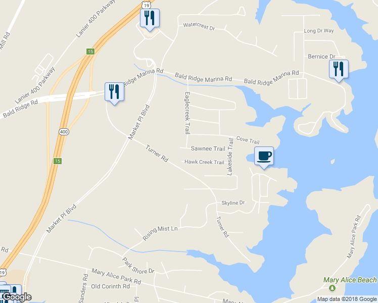 map of restaurants, bars, coffee shops, grocery stores, and more near 1820 Sawnee Trail in Cumming