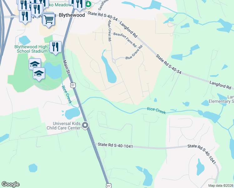 map of restaurants, bars, coffee shops, grocery stores, and more near 38 Gaited Acres Lane in Blythewood
