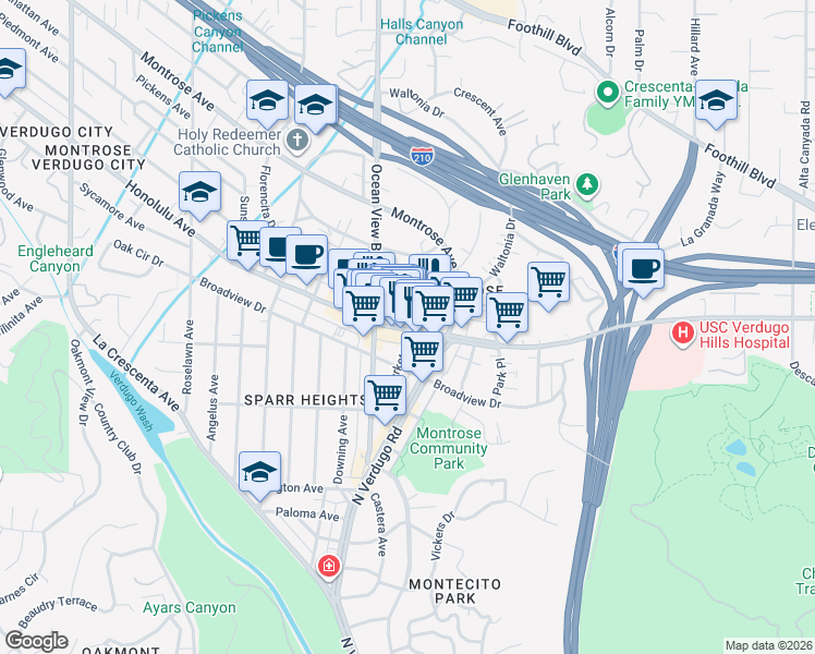 map of restaurants, bars, coffee shops, grocery stores, and more near 2240 Florencita Avenue in Glendale