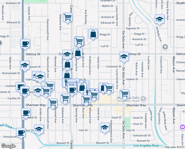 map of restaurants, bars, coffee shops, grocery stores, and more near 7422 Milwood Avenue in Los Angeles
