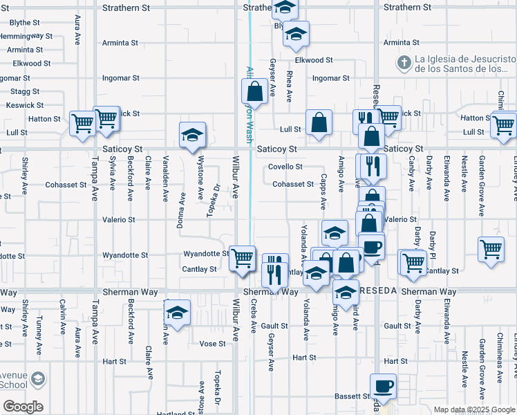 map of restaurants, bars, coffee shops, grocery stores, and more near 18825 Runnymede Street in Los Angeles