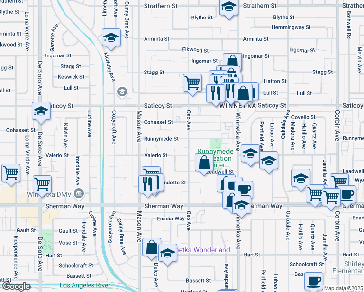 map of restaurants, bars, coffee shops, grocery stores, and more near 20325 Runnymede Street in Los Angeles