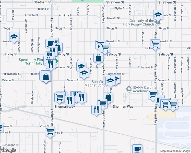 map of restaurants, bars, coffee shops, grocery stores, and more near 7419 Kraft Avenue in Los Angeles