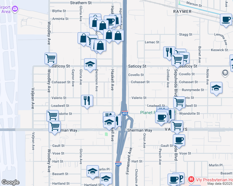 map of restaurants, bars, coffee shops, grocery stores, and more near 7416 Haskell Avenue in Los Angeles