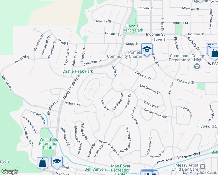 map of restaurants, bars, coffee shops, grocery stores, and more near 24162 Lance Place in Los Angeles