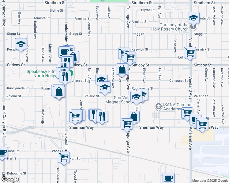 map of restaurants, bars, coffee shops, grocery stores, and more near 7418 Farmdale Avenue in Los Angeles