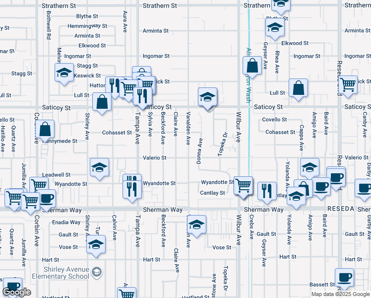 map of restaurants, bars, coffee shops, grocery stores, and more near 7425 Vanalden Avenue in Los Angeles