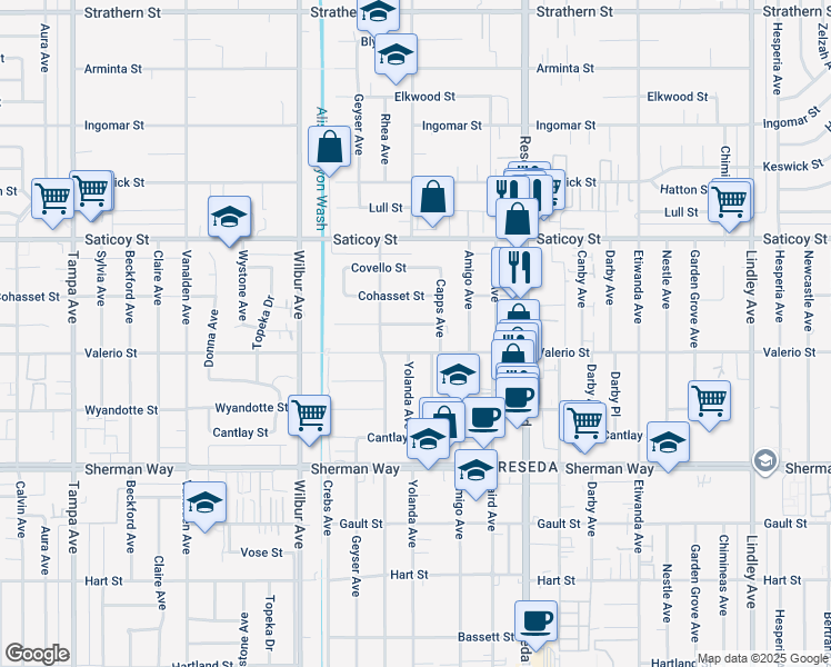 map of restaurants, bars, coffee shops, grocery stores, and more near 18656 Runnymede Street in Los Angeles