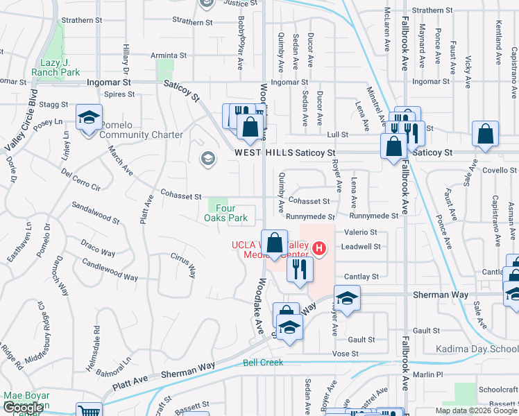 map of restaurants, bars, coffee shops, grocery stores, and more near 7442 Bobbyboyar Avenue in Los Angeles