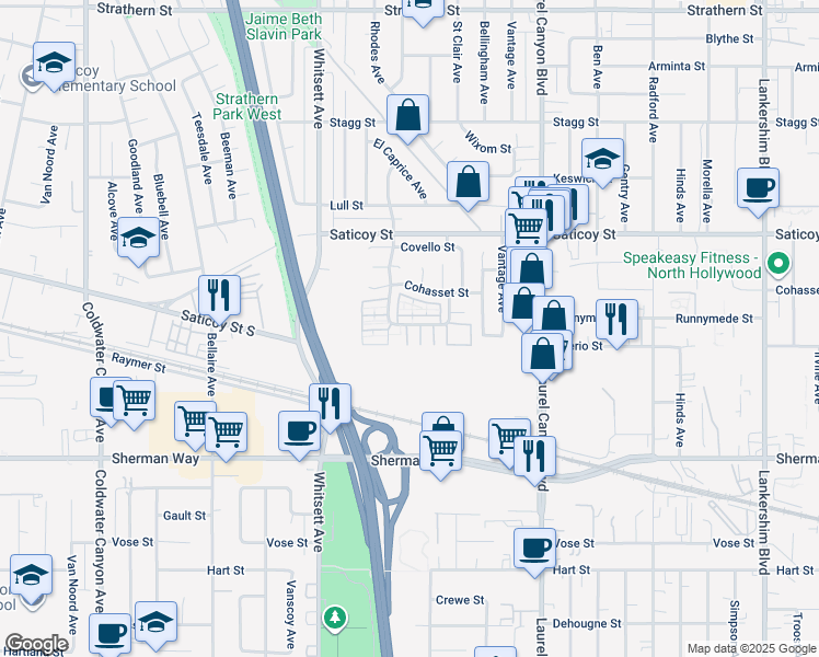 map of restaurants, bars, coffee shops, grocery stores, and more near 12301 Runnymede Street in Los Angeles