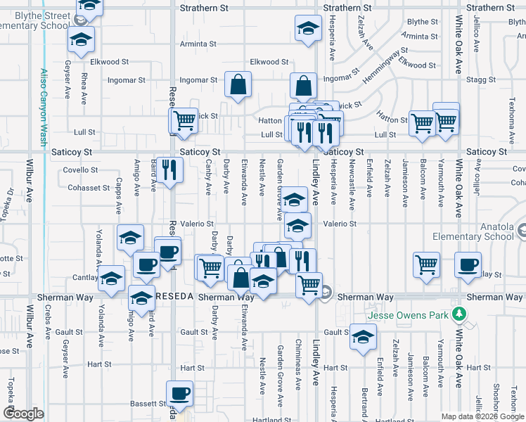 map of restaurants, bars, coffee shops, grocery stores, and more near 7447 Garden Grove Avenue in Los Angeles