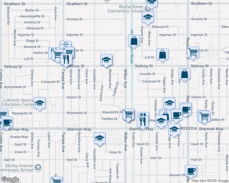 map of restaurants, bars, coffee shops, grocery stores, and more near 7437 Topeka Drive in Los Angeles