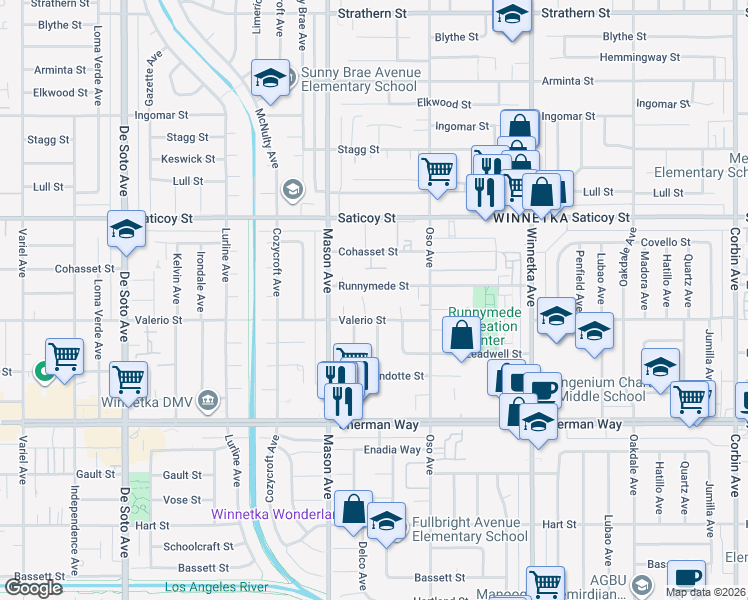 map of restaurants, bars, coffee shops, grocery stores, and more near 20407 Runnymede Street in Los Angeles