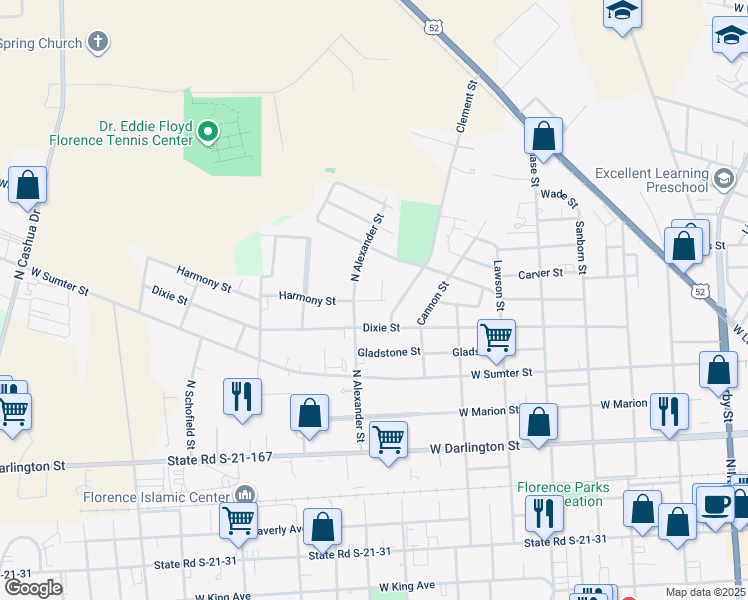 map of restaurants, bars, coffee shops, grocery stores, and more near 705 Habitat Lane in Florence