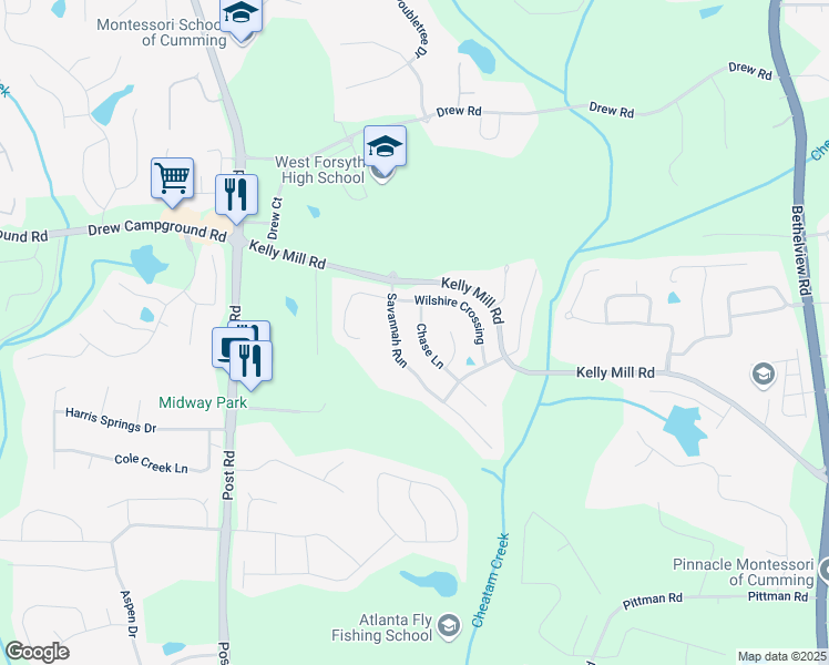 map of restaurants, bars, coffee shops, grocery stores, and more near 5075 Chase Lane in Cumming