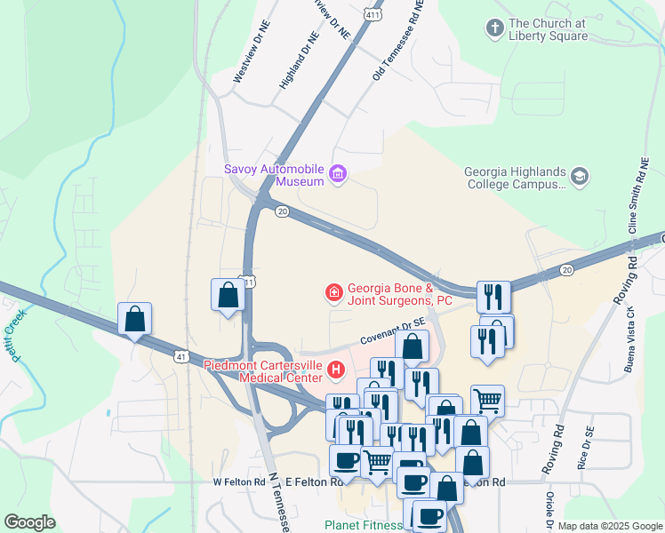 map of restaurants, bars, coffee shops, grocery stores, and more near Canton Highway in Cartersville
