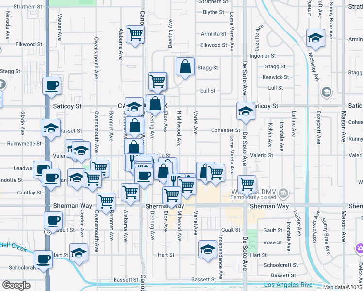 map of restaurants, bars, coffee shops, grocery stores, and more near 7422 Milwood Avenue in Los Angeles