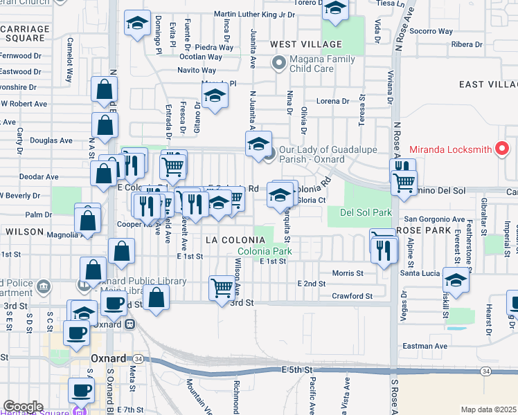 map of restaurants, bars, coffee shops, grocery stores, and more near in Oxnard