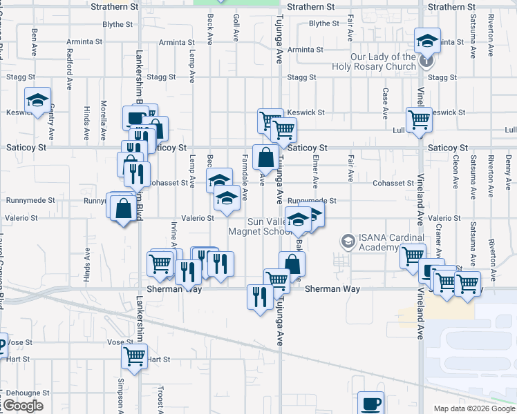 map of restaurants, bars, coffee shops, grocery stores, and more near 7419 Kraft Avenue in Los Angeles