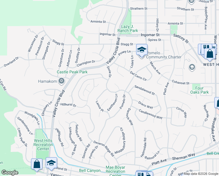 map of restaurants, bars, coffee shops, grocery stores, and more near 7474 Darnoch Way in Los Angeles