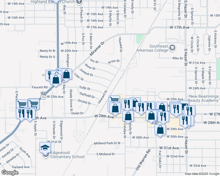 map of restaurants, bars, coffee shops, grocery stores, and more near 2311 Howard Drive in Pine Bluff