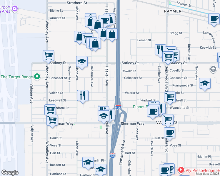 map of restaurants, bars, coffee shops, grocery stores, and more near 7438 Haskell Avenue in Los Angeles