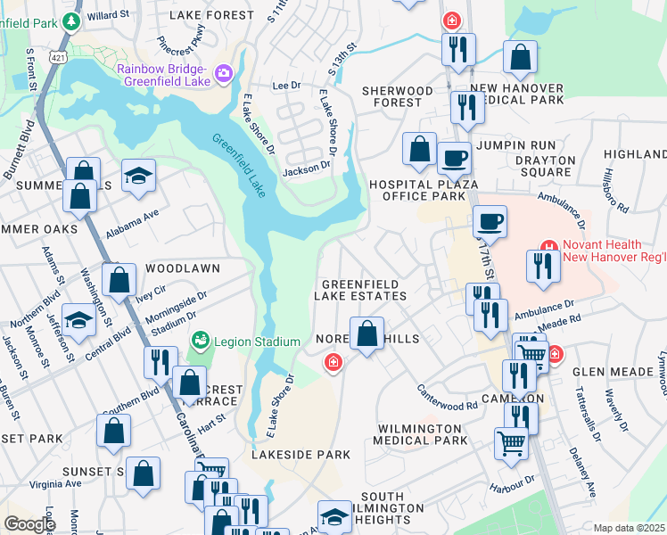 map of restaurants, bars, coffee shops, grocery stores, and more near 2112 Wisteria Drive in Wilmington