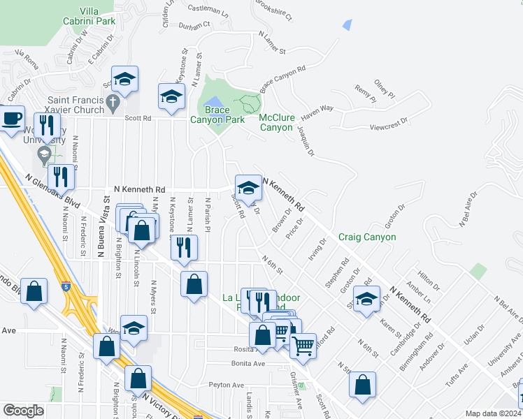 map of restaurants, bars, coffee shops, grocery stores, and more near 2918 Jolley Drive in Burbank
