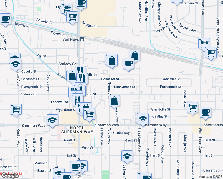 map of restaurants, bars, coffee shops, grocery stores, and more near 7418 Tyrone Avenue in Los Angeles