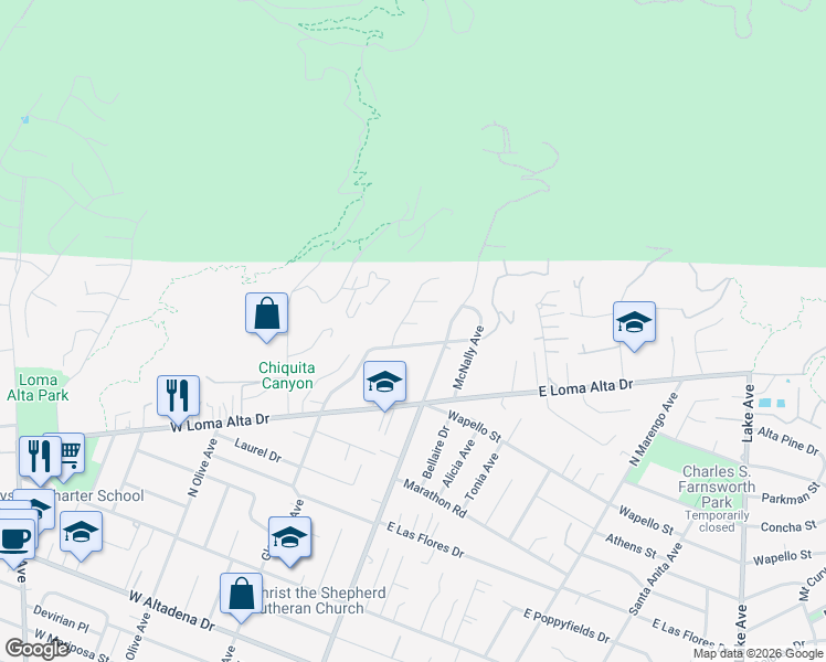 map of restaurants, bars, coffee shops, grocery stores, and more near 168 Purple Sage Lane in Altadena