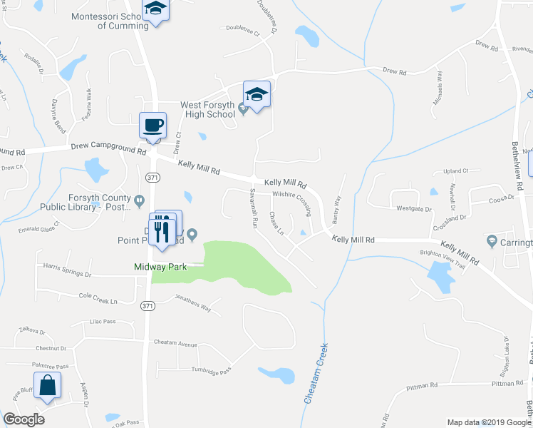 map of restaurants, bars, coffee shops, grocery stores, and more near 5075 Chase Lane in Cumming
