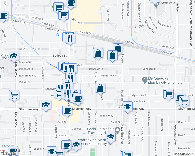 map of restaurants, bars, coffee shops, grocery stores, and more near 7418 Tyrone Avenue in Los Angeles