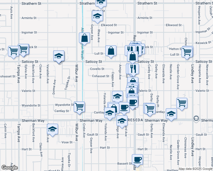 map of restaurants, bars, coffee shops, grocery stores, and more near 18656 Runnymede Street in Los Angeles