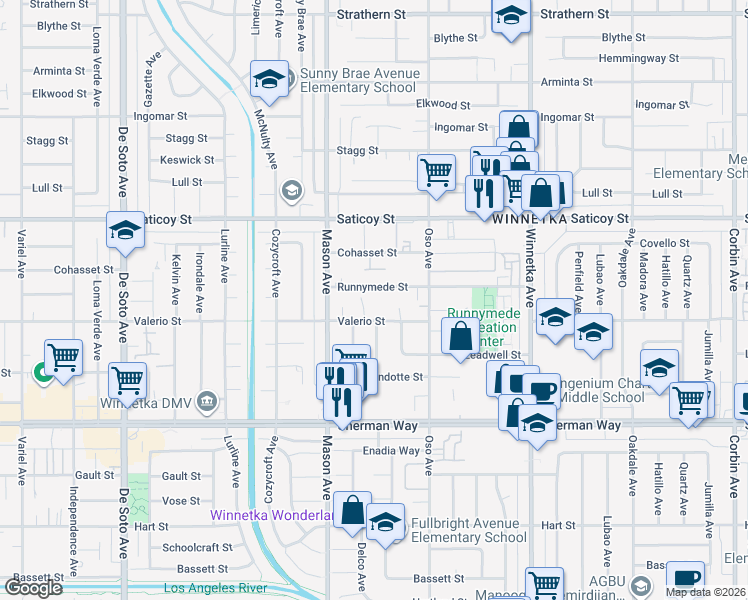 map of restaurants, bars, coffee shops, grocery stores, and more near 20407 Runnymede Street in Los Angeles