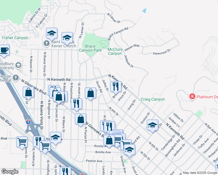 map of restaurants, bars, coffee shops, grocery stores, and more near 2918 Jolley Drive in Burbank