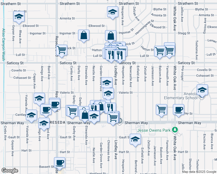 map of restaurants, bars, coffee shops, grocery stores, and more near 18141 Valerio Street in Los Angeles