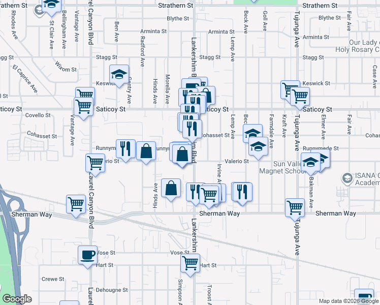 map of restaurants, bars, coffee shops, grocery stores, and more near 2 Runnymede Street in Los Angeles