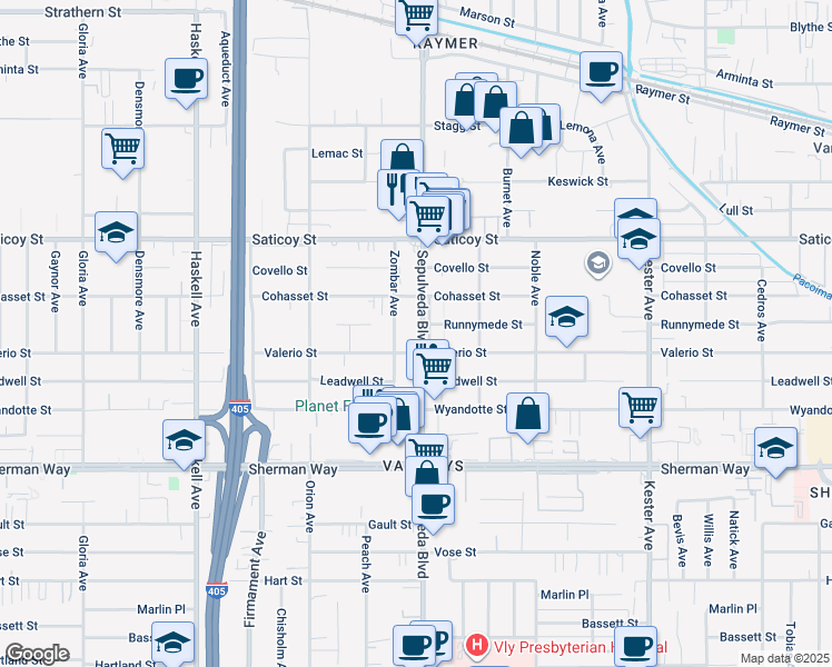map of restaurants, bars, coffee shops, grocery stores, and more near 7425 Sepulveda Boulevard in Los Angeles