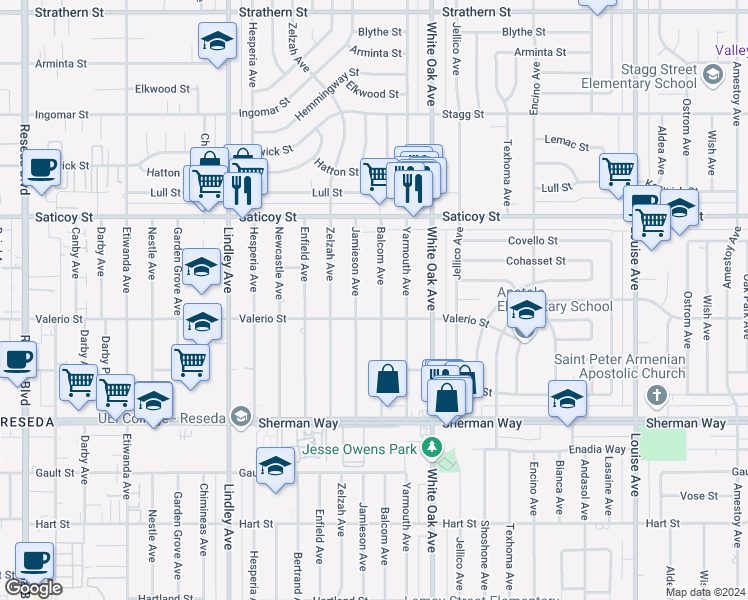 map of restaurants, bars, coffee shops, grocery stores, and more near 7423 Balcom Avenue in Los Angeles