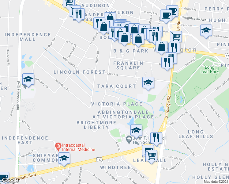 map of restaurants, bars, coffee shops, grocery stores, and more near 1717 South 41st Street in Wilmington