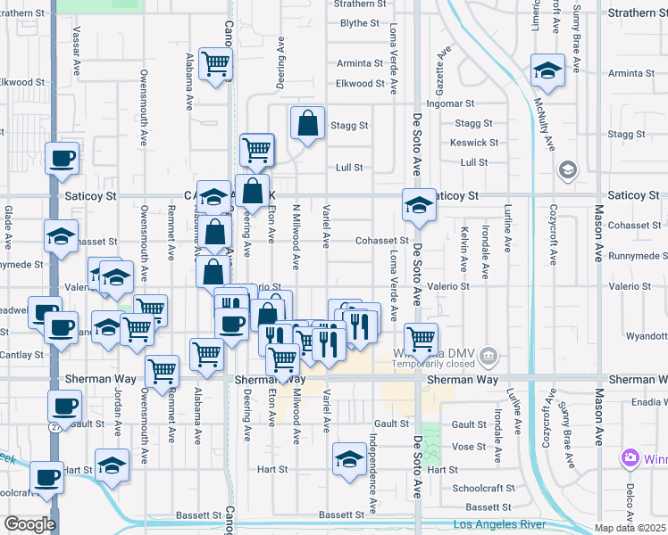 map of restaurants, bars, coffee shops, grocery stores, and more near 21054 Runnymede Street in Los Angeles