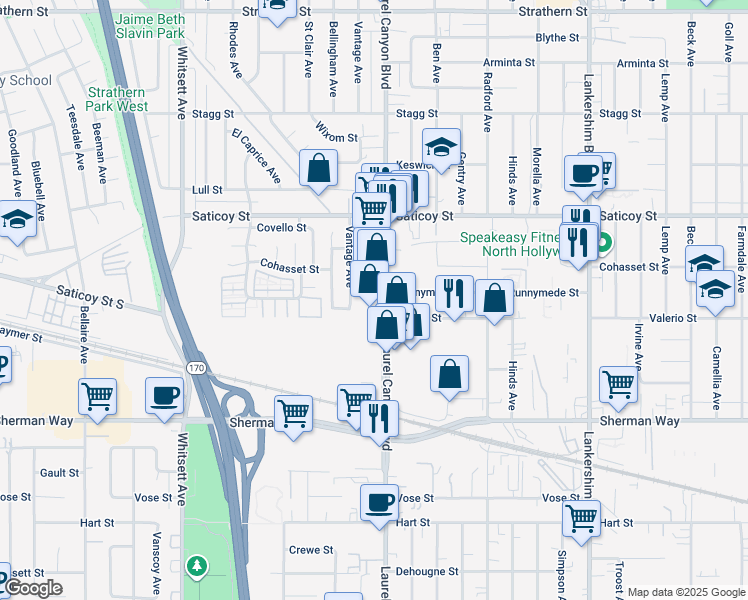 map of restaurants, bars, coffee shops, grocery stores, and more near 7440 Laurel Canyon Boulevard in Los Angeles